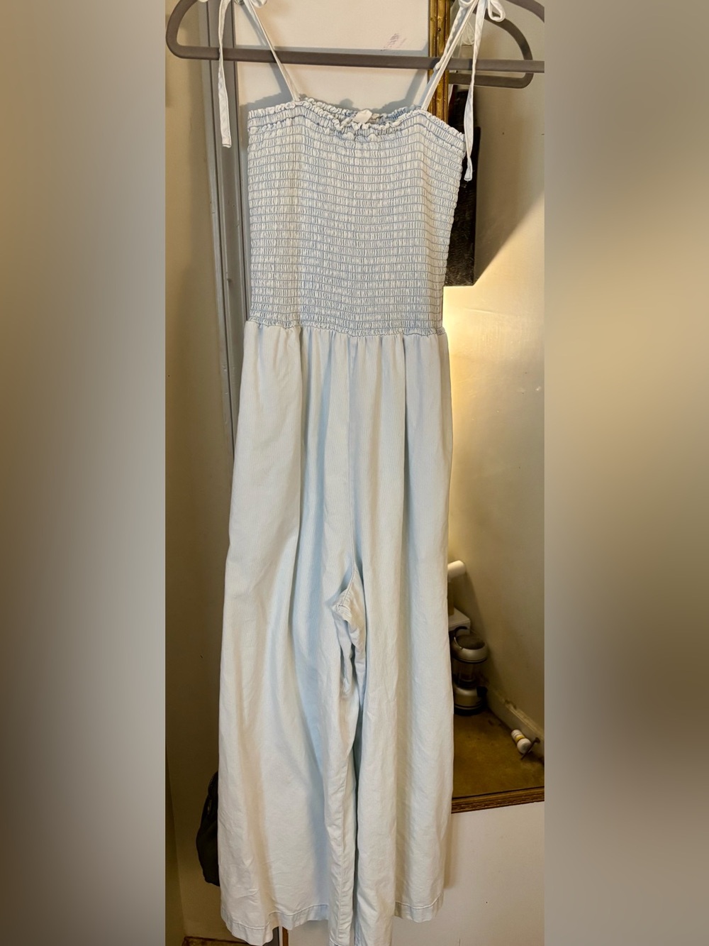 Splendid Smocked Wide Leg Jumpsuit M Light Blue Tie Straps cottagecore